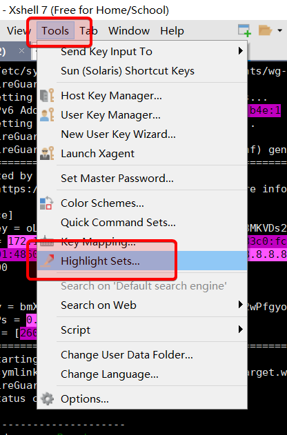 Xshell - 菜单 - 工具 - 突出显示集 Menu - Tools - Highlight Sets