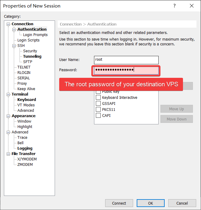Xshell 新建连接 设置root和密码 Xshell set root user and password